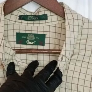 Vintage Orvis Large Cream Windowpane Checkered Plaid Button-Down Shirt Outdoor